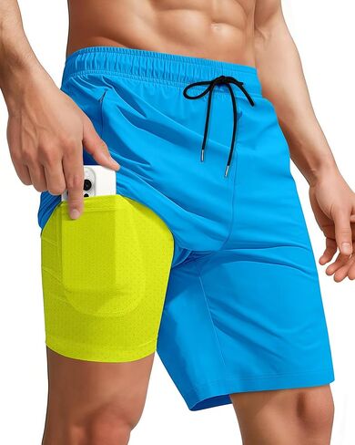 Men Swim Trunks with Compression 9 Inches Breathable Liner Quick Dry Zipper Pockets for Board Beach Gym Running in Kuwait