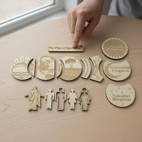The Plan of Salvation Wooden Teaching Kit for LDS – Wooden Discs with Figures & Storage Box, CTR “Choose The Right" Missionary Gift, Baptism Gift, Family Home Evening & Classroom Tool in Saudi Arabia