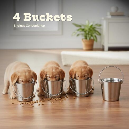 دلو دائري من الفولاذ المقاوم للصدأ عالي التحمل سعة 1 لتر بمقبض | يناسب مزرعة صناديق قفص بيت الكلب | سطل الطعام والماء للحيوانات الأليفة الصغيرة والطيور والكلاب والقطط | استخدام متعدد الأغراض للماشية، عبوة من قطعتين in Kuwait