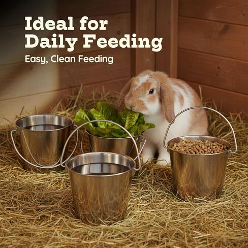 دلو دائري من الفولاذ المقاوم للصدأ عالي التحمل سعة 1 لتر بمقبض | يناسب مزرعة صناديق قفص بيت الكلب | سطل الطعام والماء للحيوانات الأليفة الصغيرة والطيور والكلاب والقطط | استخدام متعدد الأغراض للماشية، عبوة من قطعتين in Kuwait