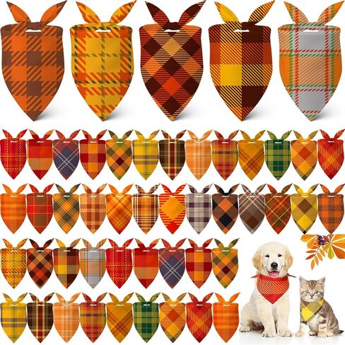 Sweetude 60 Pcs Fall Thanksgiving Plaid Dog Bandanas Bulk Thanksgiving Pet Scarf Bibs Puppy Bandana Adjustable Washable Kerchief Pet Costume Accessories Grooming Supplies for Small to Large Cats Dogs in Saudi Arabia