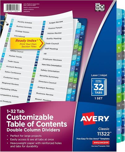 عمود مزدوج من Avery، 32 فواصل علامات التبويب لـ 3 مجلدات حلقية، جدول محتويات قابل للتخصيص، علامات تبويب متعددة الألوان، مجموعة واحدة (11322) in Saudi Arabia