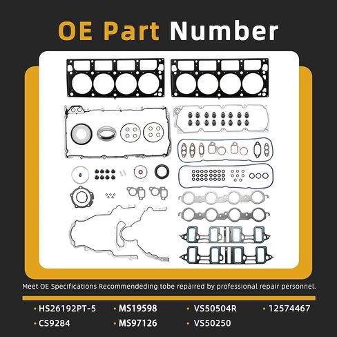 MLS Head Gasket Set with Bolts, for Chevy Express/Silverado/Suburban/Tahoe, for GMC Savana/Sierra/Yukon XL, for Cadillac Escalade, for Hummer H2, 07-11, 6.0/6.2L V8, OE#HS26192PT-5, ES72220, ES72390 in Kuwait