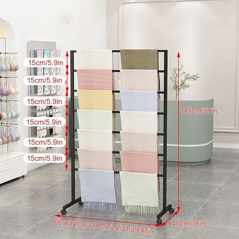Metal Scarf Display Stand with 360 Swivel Caster Wheels, Commercial Textile Fabric Roll Storage Rack with Adjustable Rod, Belt Shawl Hijab Organizer for Boutique Display(White,100*40*145cm/39*16*57in) in Saudi Arabia