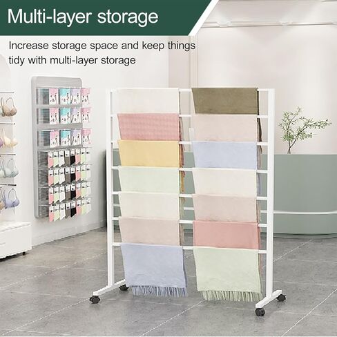 Metal Scarf Display Stand with 360 Swivel Caster Wheels, Commercial Textile Fabric Roll Storage Rack with Adjustable Rod, Belt Shawl Hijab Organizer for Boutique Display(White,100*40*145cm/39*16*57in) in Saudi Arabia