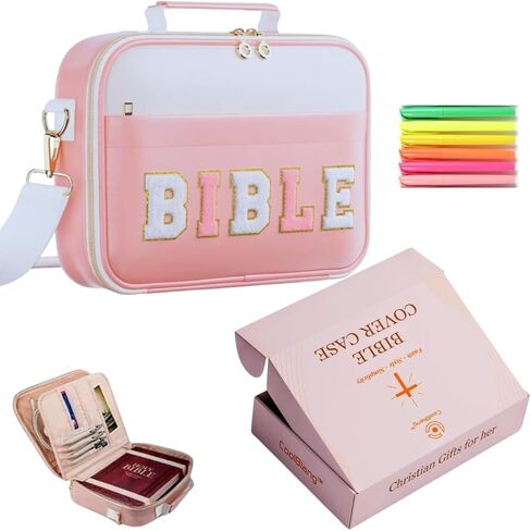 Pink Bible Cover for Women & Teens – Large Bible Bag Tote with Strap & Handle, Zipper Pockets & Pen/Highlighter Slots – Includes 6 Highlighters – Gift-Ready – Fits Standard & Large Bibles in Saudi Arabia