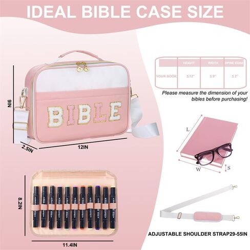 Pink Bible Cover for Women & Teens – Large Bible Bag Tote with Strap & Handle, Zipper Pockets & Pen/Highlighter Slots – Includes 6 Highlighters – Gift-Ready – Fits Standard & Large Bibles in Saudi Arabia