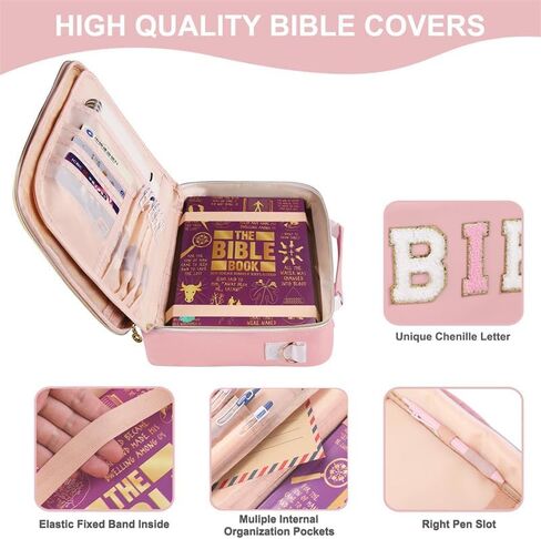 Pink Bible Cover for Women & Teens – Large Bible Bag Tote with Strap & Handle, Zipper Pockets & Pen/Highlighter Slots – Includes 6 Highlighters – Gift-Ready – Fits Standard & Large Bibles in Saudi Arabia
