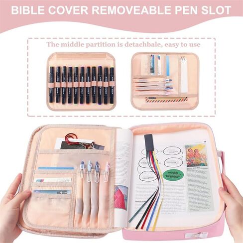 Pink Bible Cover for Women & Teens – Large Bible Bag Tote with Strap & Handle, Zipper Pockets & Pen/Highlighter Slots – Includes 6 Highlighters – Gift-Ready – Fits Standard & Large Bibles in Saudi Arabia