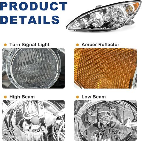 Headlight Assembly Compatible with 2000-2001 TOYOTA CAMRY Headlamp Chrome Housing Amber Reflector Clear Lens Driver and Passenger Side in Kuwait
