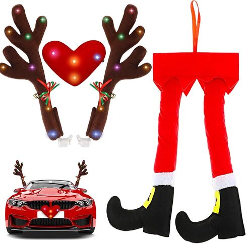 Frienda 2 Pcs Car Reindeer Antler Kit Christmas Decorations with LED Lights Hanging Santa Claus Legs and Deer Nose Star Candy Canes Auto Accessories for Christmas Car Decorations (Cute Style) in Saudi Arabia