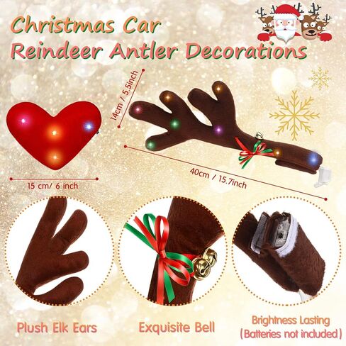 Frienda 2 Pcs Car Reindeer Antler Kit Christmas Decorations with LED Lights Hanging Santa Claus Legs and Deer Nose Star Candy Canes Auto Accessories for Christmas Car Decorations (Cute Style) in Saudi Arabia
