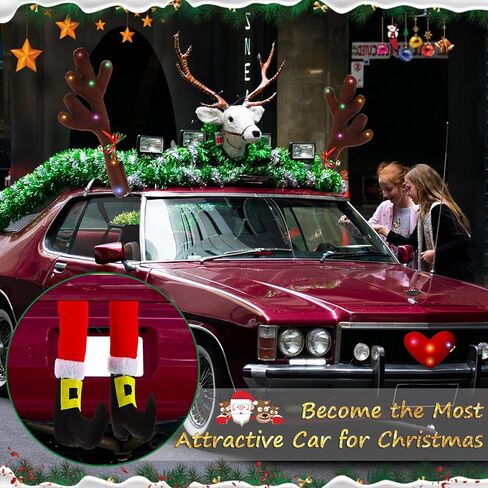 Frienda 2 Pcs Car Reindeer Antler Kit Christmas Decorations with LED Lights Hanging Santa Claus Legs and Deer Nose Star Candy Canes Auto Accessories for Christmas Car Decorations (Cute Style) in Saudi Arabia