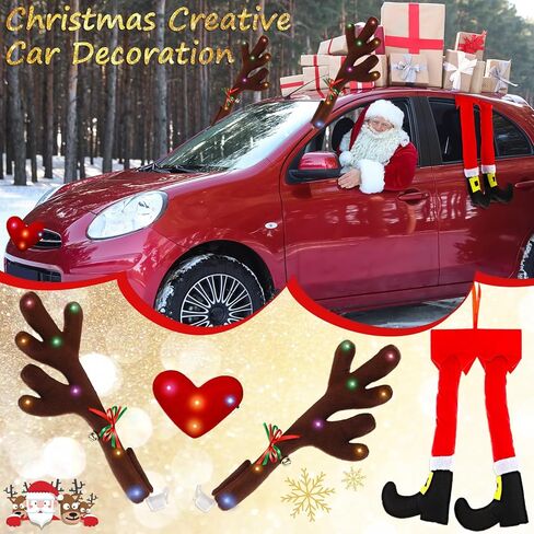 Frienda 2 Pcs Car Reindeer Antler Kit Christmas Decorations with LED Lights Hanging Santa Claus Legs and Deer Nose Star Candy Canes Auto Accessories for Christmas Car Decorations (Cute Style) in Saudi Arabia