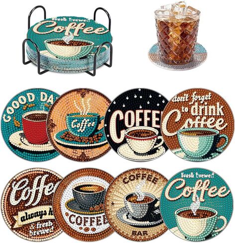 8 PCS Coffee Diamond Art Coasters Kits, Diamond Painting Coasters with Holder Set of 8, DIY Drink Art Crafts Supplies for Adults Cup Mat House Warming Gifts Non-Slip 3.9inch in Saudi Arabia