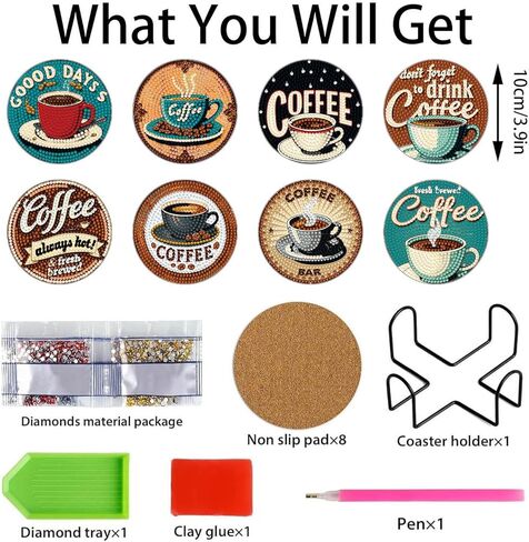 8 PCS Coffee Diamond Art Coasters Kits, Diamond Painting Coasters with Holder Set of 8, DIY Drink Art Crafts Supplies for Adults Cup Mat House Warming Gifts Non-Slip 3.9inch in Saudi Arabia