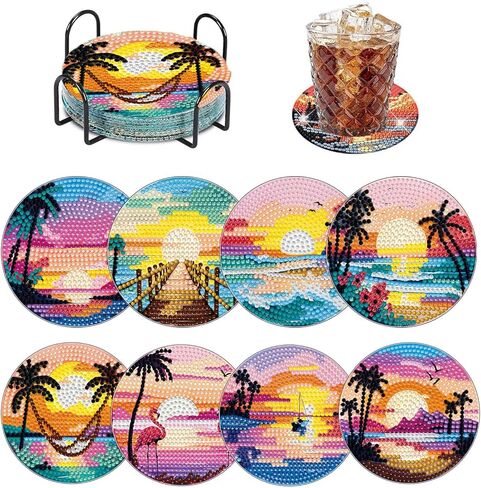 8 PCS Coffee Diamond Art Coasters Kits, Diamond Painting Coasters with Holder Set of 8, DIY Drink Art Crafts Supplies for Adults Cup Mat House Warming Gifts Non-Slip 3.9inch in Saudi Arabia