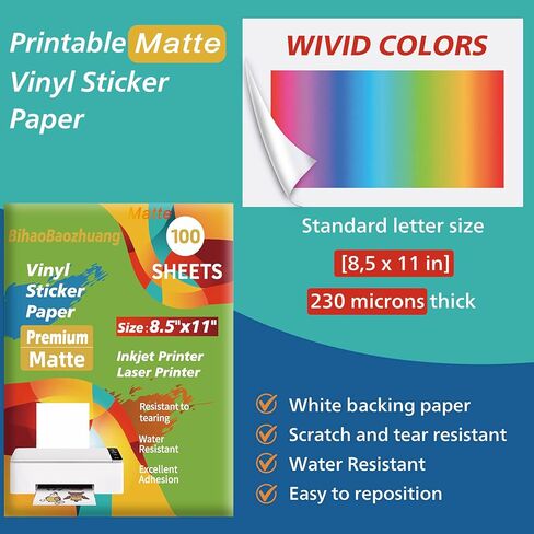 Premium Matte White Printable Vinyl Sticker Paper for Inkjet, Laser Printer, Waterproof, Quick Drying, 25 Sheets in Saudi Arabia