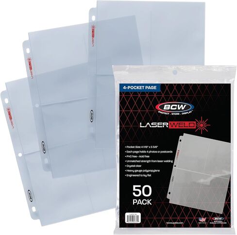 عدد 100 صفحة من BCW LaserWeld® بأربعة جيوب | صفحات الموثق | أكمام صور لـ 3 حلقات ربط | 3.5x5.25 بطاقات، بولارويد | أرشيفي، خالي من الأحماض in Kuwait