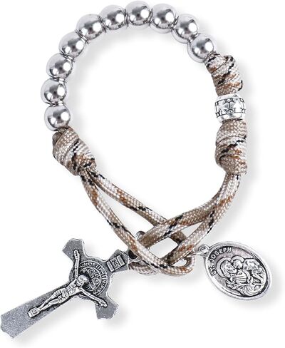 نازاريث ستور مسبحة باراكورد من اوليف ميليتري ون ديكيد، مسبحة من الخرز الفضي، سيارة جيب للصلاة من اجل الولايات المتحدة، ميدالية القديس جوزيف وصليب سانت بنديكت، صغيرة، حجر، زجاج in Kuwait