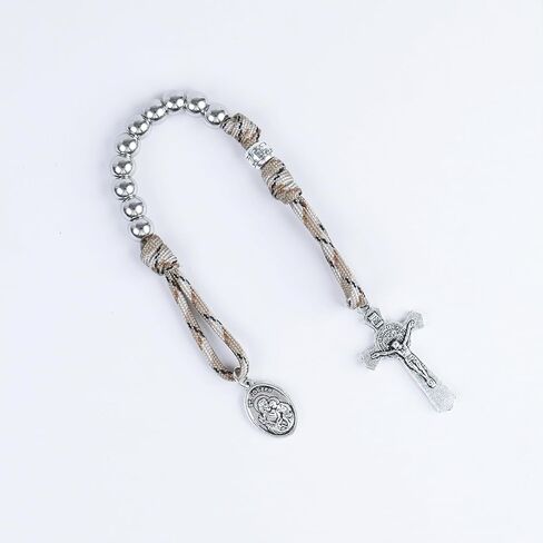 نازاريث ستور مسبحة باراكورد من اوليف ميليتري ون ديكيد، مسبحة من الخرز الفضي، سيارة جيب للصلاة من اجل الولايات المتحدة، ميدالية القديس جوزيف وصليب سانت بنديكت، صغيرة، حجر، زجاج in Kuwait