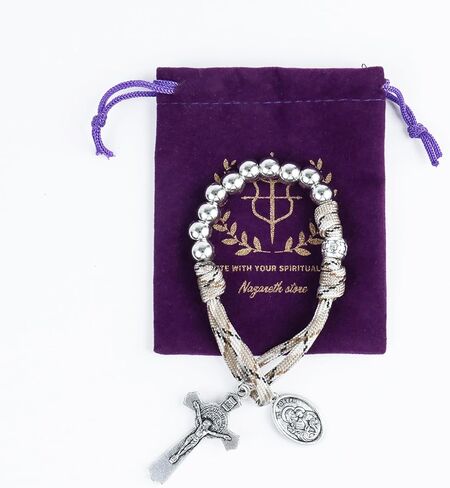 نازاريث ستور مسبحة باراكورد من اوليف ميليتري ون ديكيد، مسبحة من الخرز الفضي، سيارة جيب للصلاة من اجل الولايات المتحدة، ميدالية القديس جوزيف وصليب سانت بنديكت، صغيرة، حجر، زجاج in Kuwait