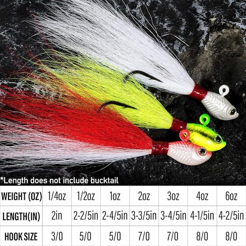 Dr.Fish 3 Pack Bucktail Jig Lure Hair Jig Saltwater Freshwater Lures Surf Fishing White Red Chartreuse Bass Flounder Striper Bluefish Halibut Redfish 1/2oz, 1oz, 2oz, 4oz, 6oz in Saudi Arabia