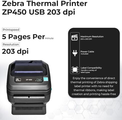 Zebra ZP450 (ZP 450) Direct Thermal Label Barcode Printer - 1 Year Warranty, USB, Serial, and Parallel Connectivity 203 DPI Resolution with Power Cord + Microfiber Cloth in Saudi Arabia