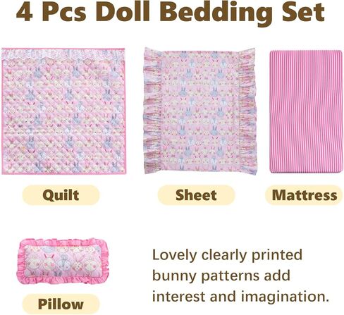 18 Inch Baby Doll Bedding Set, 4-PC Doll Bedding Accessories Includes Blanket / Comforter ,Pillow, Sheet, 18.7"*11.4"Mattress, Pink Bunny Print in Saudi Arabia