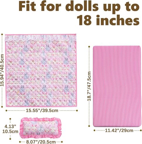 18 Inch Baby Doll Bedding Set, 4-PC Doll Bedding Accessories Includes Blanket / Comforter ,Pillow, Sheet, 18.7"*11.4"Mattress, Pink Bunny Print in Saudi Arabia