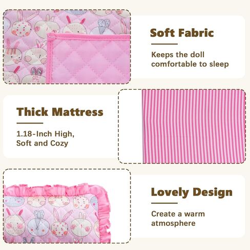 18 Inch Baby Doll Bedding Set, 4-PC Doll Bedding Accessories Includes Blanket / Comforter ,Pillow, Sheet, 18.7"*11.4"Mattress, Pink Bunny Print in Saudi Arabia
