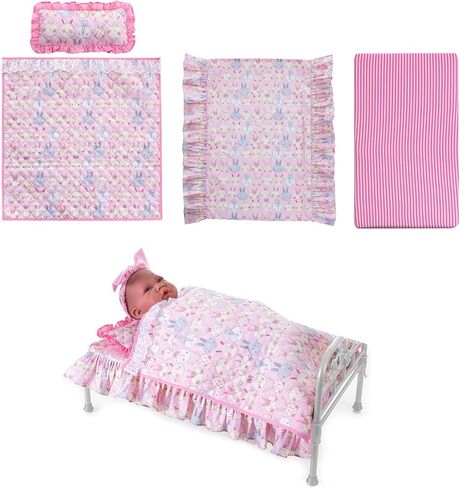18 Inch Baby Doll Bedding Set, 4-PC Doll Bedding Accessories Includes Blanket / Comforter ,Pillow, Sheet, 18.7"*11.4"Mattress, Pink Bunny Print in Saudi Arabia