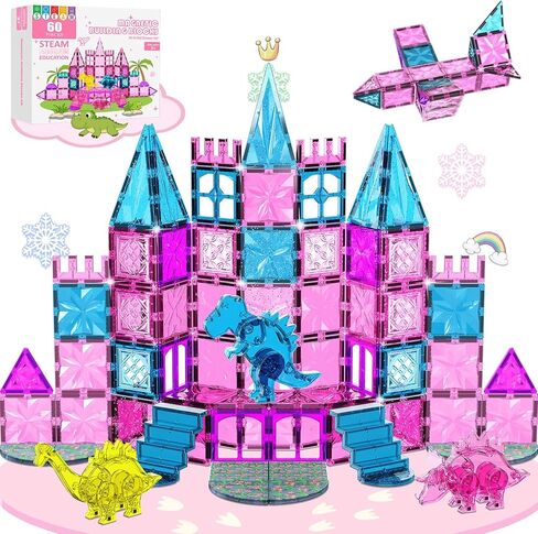 60PCS Dinosaur Toys Magnetic Tiles for Girls, Magnetic Building Blocks Sensory Dino Toy for Girl Ages 3-5 4-8 Year Old, Girl Toys Dinosaur Decorations Birthday Gifts for 3+ Years Old Kids Boys in Saudi Arabia