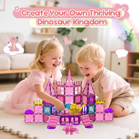 60PCS Dinosaur Toys Magnetic Tiles for Girls, Magnetic Building Blocks Sensory Dino Toy for Girl Ages 3-5 4-8 Year Old, Girl Toys Dinosaur Decorations Birthday Gifts for 3+ Years Old Kids Boys in Saudi Arabia