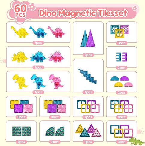 60PCS Dinosaur Toys Magnetic Tiles for Girls, Magnetic Building Blocks Sensory Dino Toy for Girl Ages 3-5 4-8 Year Old, Girl Toys Dinosaur Decorations Birthday Gifts for 3+ Years Old Kids Boys in Saudi Arabia