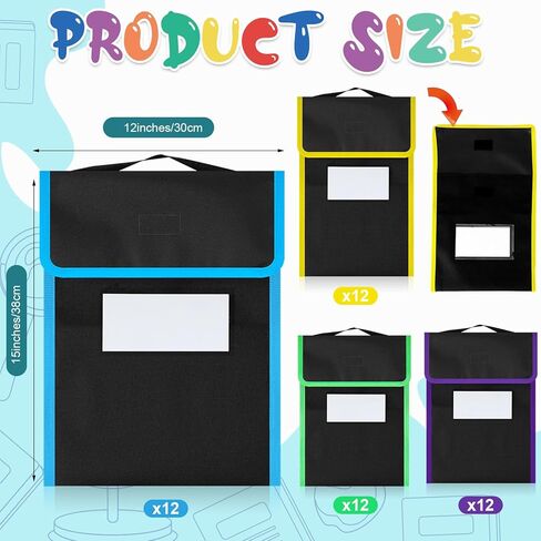 حقيبة كتب كبيرة من قماش النايلون مع مخيط على المقبض وجيب واضح لبطاقة الاسم وحواف بلون نيون حقائب قراءة سوداء لمستلزمات القراءة في الواجبات المنزلية للطلاب في الفصل الدراسي، 15 × 12 بوصة (16 قطعة) in Kuwait