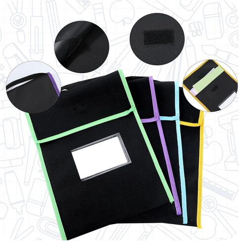 حقيبة كتب كبيرة من قماش النايلون مع مخيط على المقبض وجيب واضح لبطاقة الاسم وحواف بلون نيون حقائب قراءة سوداء لمستلزمات القراءة في الواجبات المنزلية للطلاب في الفصل الدراسي، 15 × 12 بوصة (16 قطعة) in Kuwait