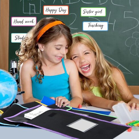 حقيبة كتب كبيرة من قماش النايلون مع مخيط على المقبض وجيب واضح لبطاقة الاسم وحواف بلون نيون حقائب قراءة سوداء لمستلزمات القراءة في الواجبات المنزلية للطلاب في الفصل الدراسي، 15 × 12 بوصة (16 قطعة) in Kuwait