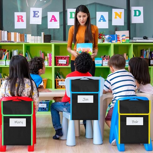 حقيبة كتب كبيرة من قماش النايلون مع مخيط على المقبض وجيب واضح لبطاقة الاسم وحواف بلون نيون حقائب قراءة سوداء لمستلزمات القراءة في الواجبات المنزلية للطلاب في الفصل الدراسي، 15 × 12 بوصة (16 قطعة) in Kuwait