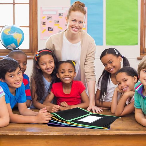 حقيبة كتب كبيرة من قماش النايلون مع مخيط على المقبض وجيب واضح لبطاقة الاسم وحواف بلون نيون حقائب قراءة سوداء لمستلزمات القراءة في الواجبات المنزلية للطلاب في الفصل الدراسي، 15 × 12 بوصة (16 قطعة) in Kuwait