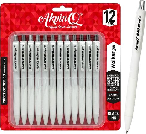 AKVINQ® Walker Gel Pens 12-Pack | 0.7mm Medium Point | Retractable Gel Ink Pen | Premium Matte Finish | Black Ink | Smudge-Resistant | Comfortable Rubber Grip | Office & School Writing (Black) in Saudi Arabia
