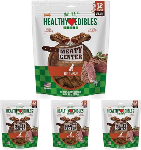 Nylabone Healthy Edibles Meaty Center مكافآت طبيعية للكلاب - مكافآت ذات مكونات محدودة للكلاب الصغيرة - نكهة لحم البقر، صغيرة (4 قطع) in Kuwait