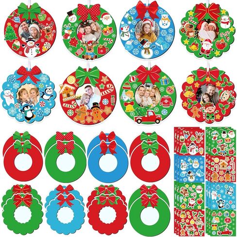Dianelhall 24 Sets Christmas Picture Frame Craft Kit Xmas Wreath Photo Crafts Christmas Picture Frames Gift with Santa Stickers for Classroom Xmas Holiday Party Activities(Colorful Wreath) in Saudi Arabia