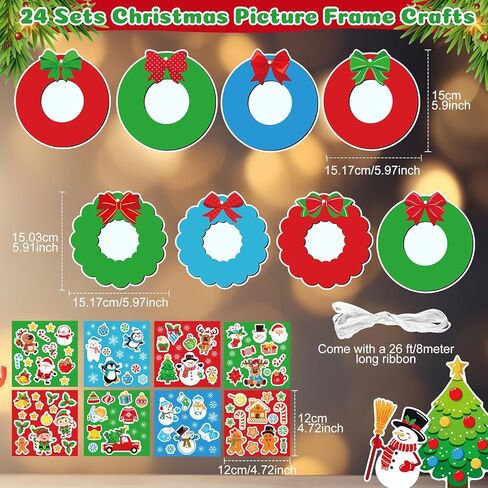 Dianelhall 24 Sets Christmas Picture Frame Craft Kit Xmas Wreath Photo Crafts Christmas Picture Frames Gift with Santa Stickers for Classroom Xmas Holiday Party Activities(Colorful Wreath) in Saudi Arabia