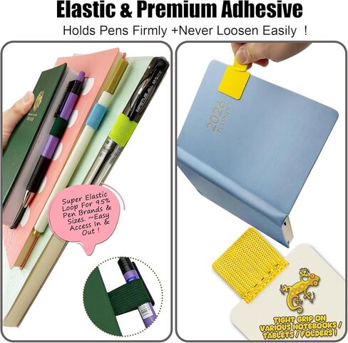 Pen Loop Holder for Notebook 12 Colors Self-Adhesive Stick On Pen Holder with Extra 2 Pens Clips 1 Leather Bookmarks As COMBO for Planner Journal Tablet Clipboards Calendars Bible Campus School Office in Saudi Arabia