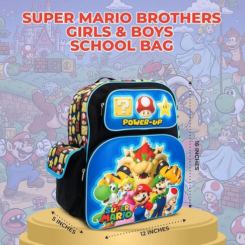 AI ACCESSORY INNOVATIONS Super Mario Brothers Backpack, 16" Schoolbag with 3D Molded front pocket featuring Super Mario Characters Mario, Lugi, Princess Peach, Yoshi, & Boswer. in Kuwait