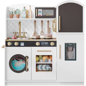 Treocho Play Kitchen for Kids, Wooden Toddler Kitchen Set with Storage, Modern Design Toy Kitchen with Faucet&Sink, Stove, Chalkboard, Icemaker and Various Accessories for Kids Ages 3+, Pink in Saudi Arabia