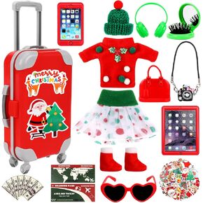 64 قطعة من إكسسوارات قزم الكريسماس مجموعة إكسسوارات السفر تتضمن الأمتعة وملابس عيد الميلاد قزم دعائم السفر لهدية مغامرات بيت الدمى in Kuwait