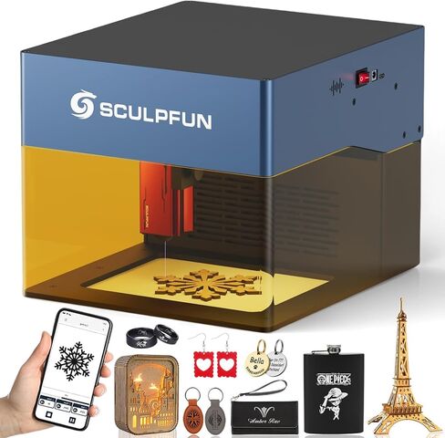 نقش ليزر SCULPFUN iCube Pro، قاطع ليزر سطح المكتب بقدرة 5000 ميجاوات مع نظام ترشيح الدخان، فئة الليزر 4، منطقة نقش 125 × 125 مم، لا يتطلب تجميع، دقة نحت 0.01 مم in Kuwait