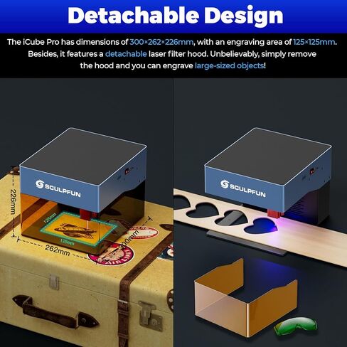 نقش ليزر SCULPFUN iCube Pro، قاطع ليزر سطح المكتب بقدرة 5000 ميجاوات مع نظام ترشيح الدخان، فئة الليزر 4، منطقة نقش 125 × 125 مم، لا يتطلب تجميع، دقة نحت 0.01 مم in Kuwait